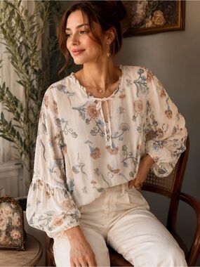 Angela Moda Made in Italy 100% Silk Floral Peasant Blouse Large Boho Cottagecore
